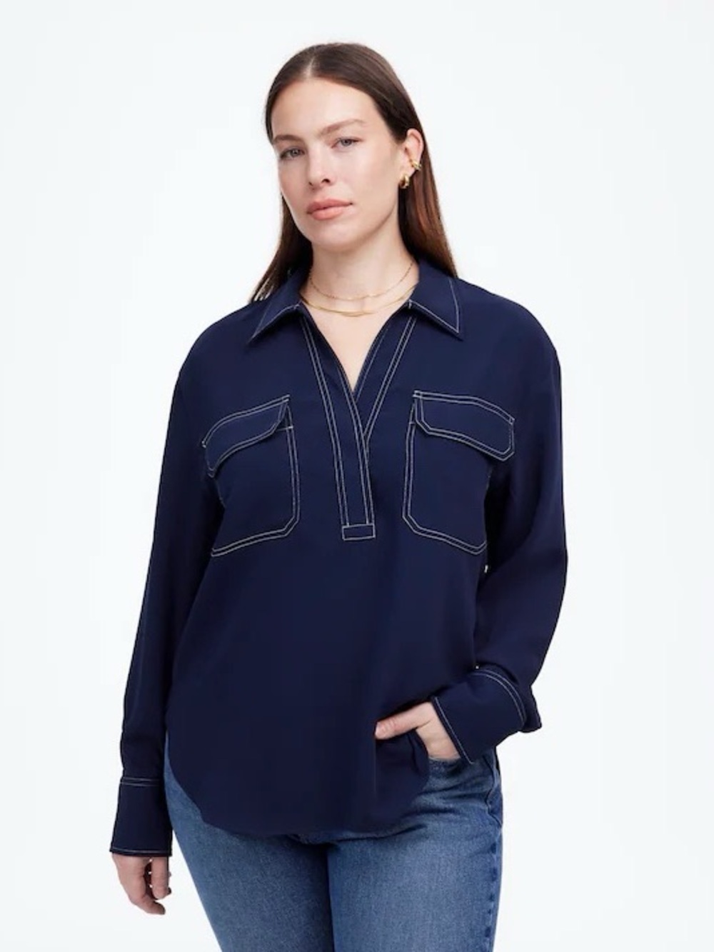 Madewell Blue Contrast Stitch Popover Long Sleeve Shirt Patch Pocket - Size M - Picture 8 of 9